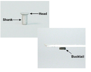 7. left: rivet. right: set rivet with the bucktail where the bucking bar was placed. 