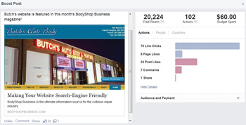 butch's posted on facebook that their website had been highlighted in bodyshop business, and by boosting the post, it reached more than 20,000 people around butch's hometown over the next 24 hours.
