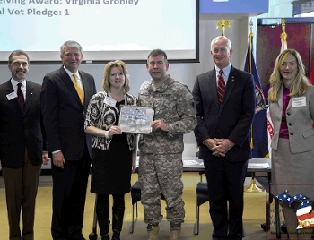 (from left to right) Paul Ryan, Employer Support of the Guard and the Reserve (ESGR) state chair; Joe Barto, TMG founder and president; Virginia Gronley, Axalta Coating Systems; Brigadier General Michael A. Stone; Assistant Adjutant General- Installations-COL (Ret) Hugh “Sandy” McLeod; AUSA Second Region President Ingrid Tighe, Michigan Veteran Affairs Agency.