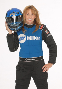 Miller Electric jet car driver Elaine Larsen poses in her racing gear and shows off her new helmet that was custom painted by Matrix System Master Automotive Refinish Colorist Don Ruks. 