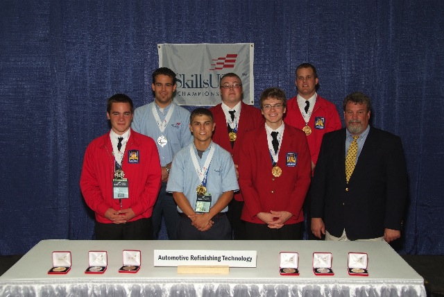 front row l to r: medalists nate wagner (silver), wyatt knick (gold), justin furman (bronze) and technical committee member bill grady. back row l to r: jason c. nielson (silver), robert feldkamp (gold) and david albers (bronze).
 