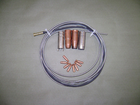 Gas nozzles (left to right – spot welding, steel tapered, steel straight, aluminum), contact tips and electrode liner.