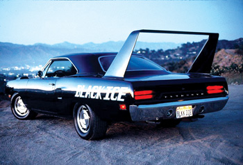 Where “Plymouth” normally would have been spelled out in big letters on the quarters of this 1970 Superbird I customized in 1986, I put “Black Ice” — the name of the band I was in at the time.