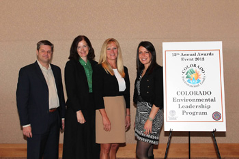 (Left to right) Tim Bator, CFO, Global Collision; Liza Milijasevic, marketing director; Lynette Myers of CDPHE; and Stephanie Abelson, marketing associate at the Environmental Leadership awards ceremony.
