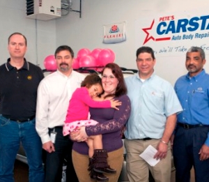 From left to right: Rich Rusnack, LKQ Keystone Parts; Chris Thomas, Farmers Insurance; mother Rachel and daughter Keira; Pete Gutska, Pete’s CARSTAR; Paul Thomas, Farmers Insurance