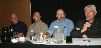 (Left to right) Barry Reddick, Collision Pro, Helena, Mont.; Matt Thornton, Parks Royal Body Works, Boise, Idaho; Ron Fuller, Whitehall Body Shop, Whitehall, Mont.; and Rick Booth of Rick’s Auto Body in Missoula, Mont., participated in a roundtable discussion at the March 3 MCRS meeting.