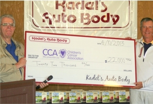 Paul Gulick, CCA board member, receives the check from Kadel's President and CEO Don Braden.