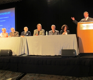 Panel members (left to right) Colette Bruce; Ron Reichen; Darrell Amberson; Randy Hansen; Rick Tuuri; Janet Chaney; and moderator Steve Regan.