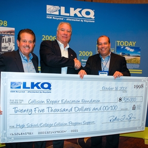 From left to right: LKQ Vice President of Industry Relations and Market Development Terry Fortner, Collision Repair Education Foundation Executive Director Clark Plucinski, and LKQ President & CEO Rob Wagman.