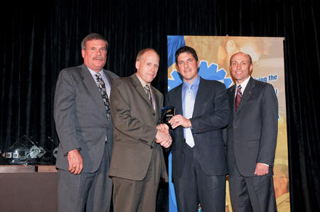 Jason Stahl, Editor for BodyShop Business; Joe Torchiana, chairman of the ASE Board of Directors; and Timothy Zilky, ASE President, presented the BodyShop Business/ASE Technician of the Year Award to James Zuege of Williams Auto Body in Green Bay, Wis., at ASE’s annual Board of Directors’ Industry Awards Dinner.