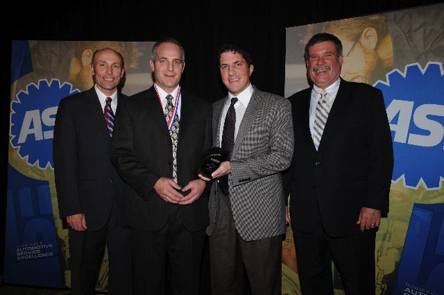 ase president tim zilke, eric rice, bodyshop business/ase master collision repair and refinish technician of the year, bsb editor jason stahl, and 2009 ase chair joe torchiana 
