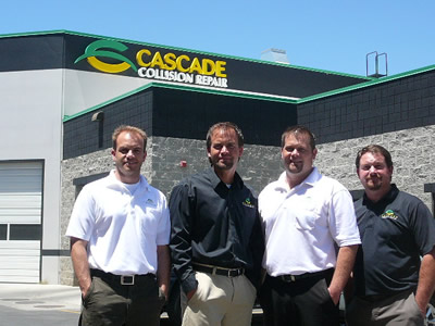 Business partners and brothers (right to left): Dan Nichols, Brian Nichols, James Nichols and Russ Nichols, standing in front of the Orem, Utah Cascade Collision Repair center.